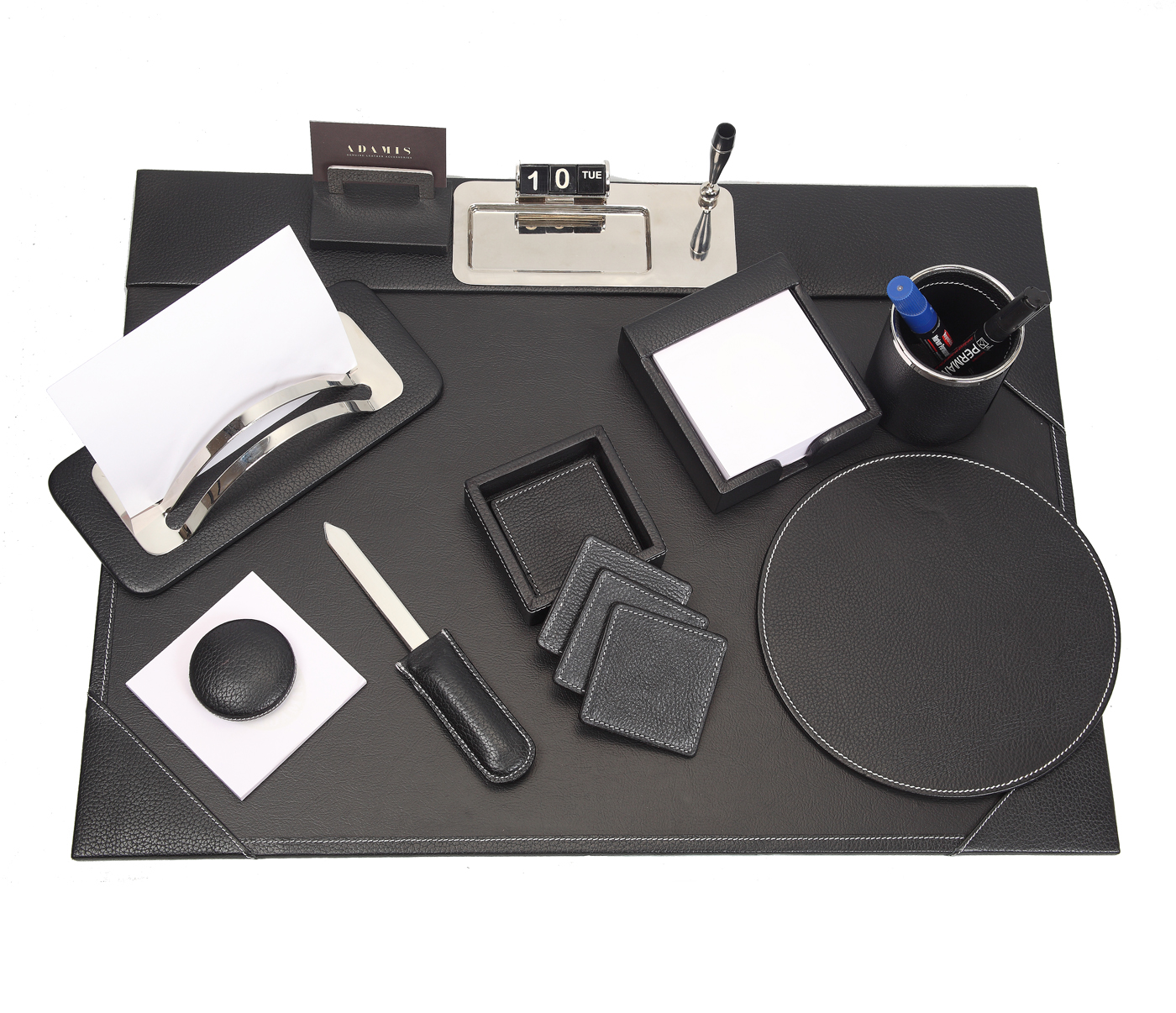 DSK1--8pcs office desk set organizer in Genuine Leather - Black