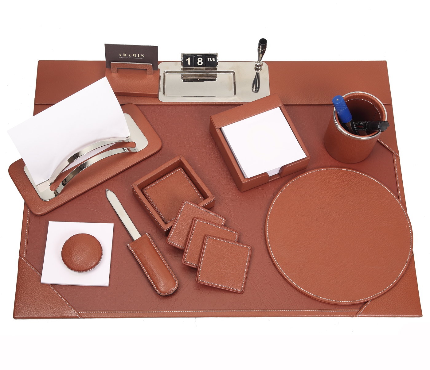 DSK1--8pcs office desk set organizer in Genuine Leather - Tan