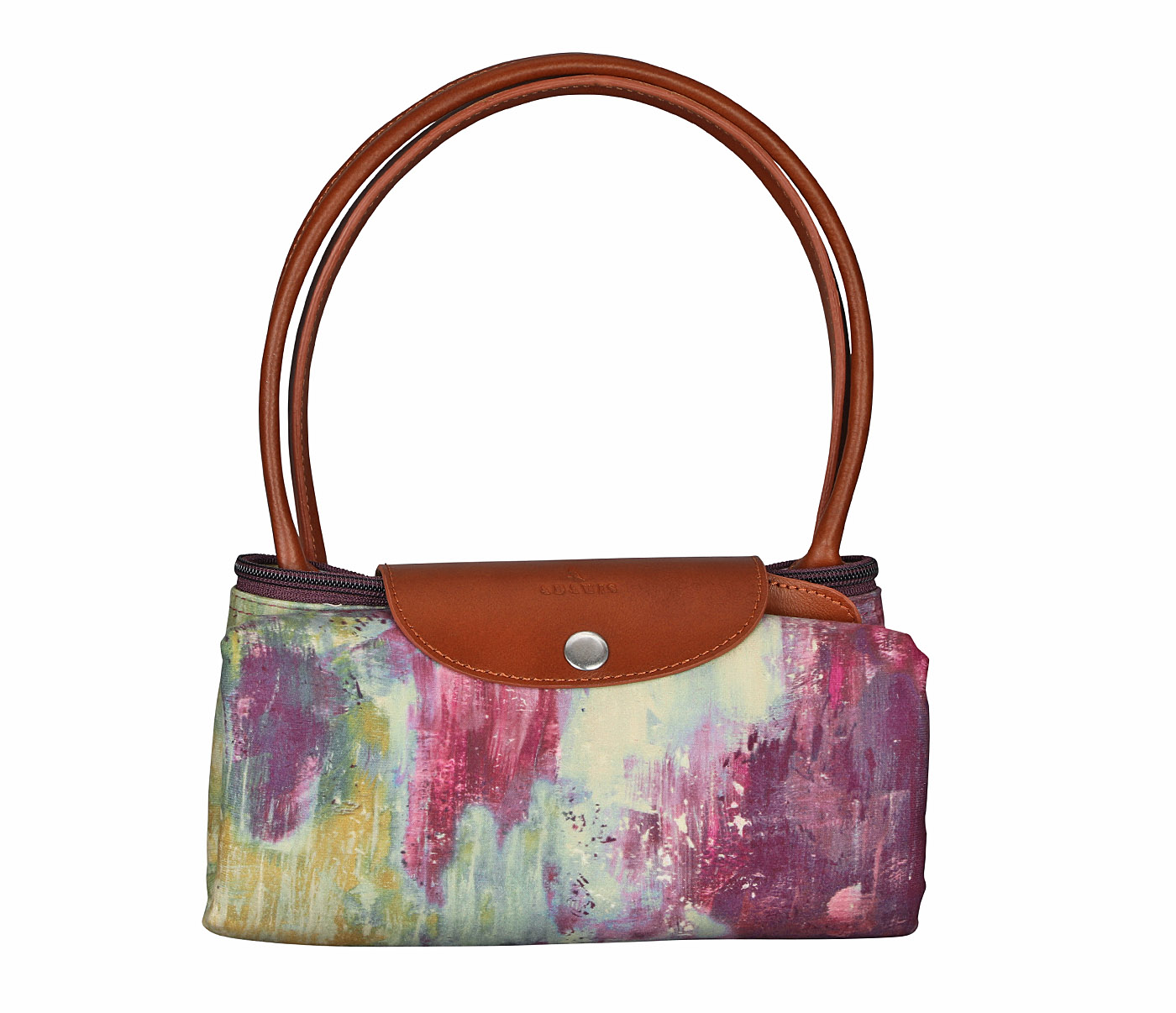 B881--Maite Folding tote in Abstract print material with genuine leather handles and flap - Wine
