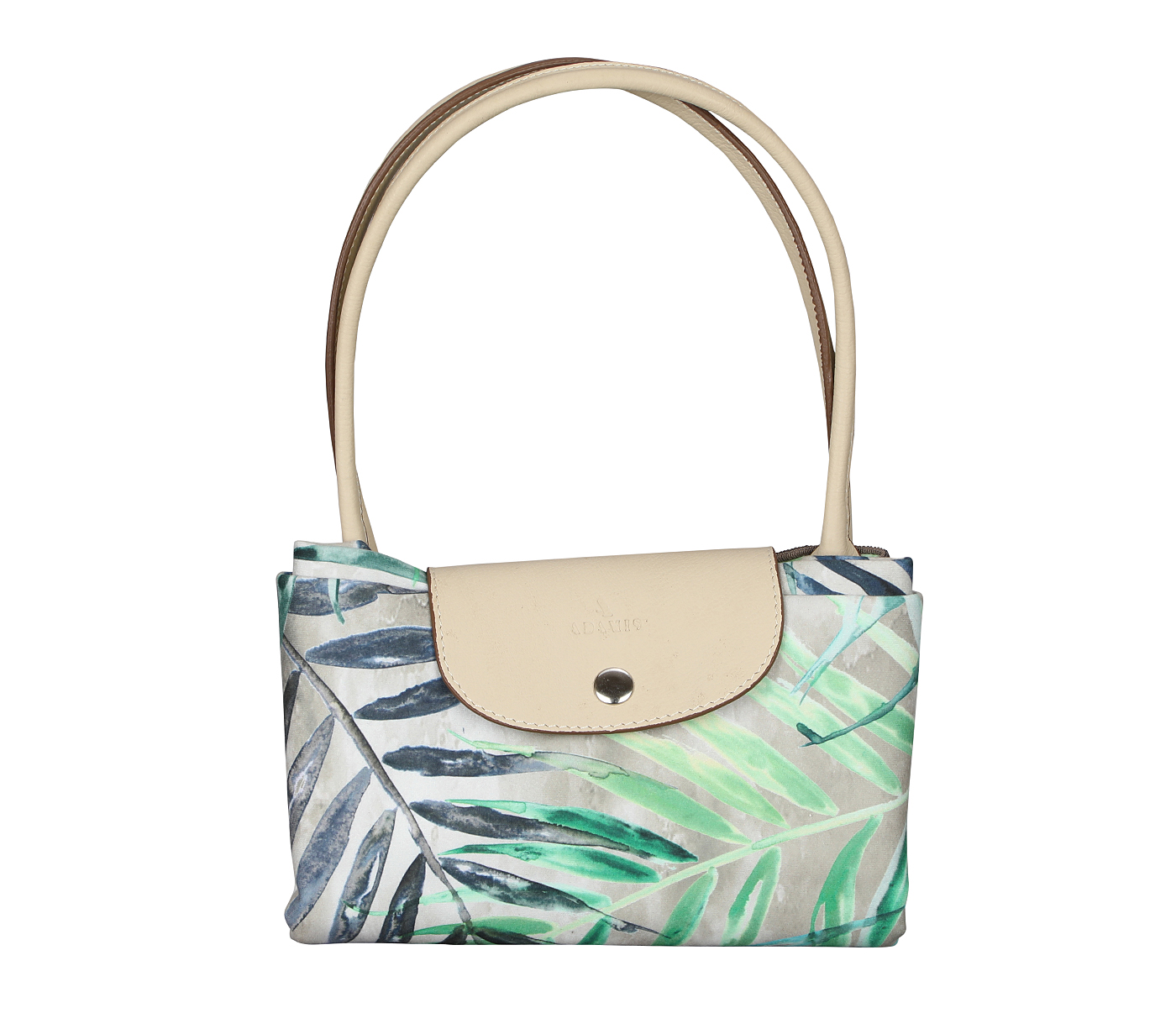 B882--Adelina Folding tote  in leaf print material with genuine leather handles and flap - Green