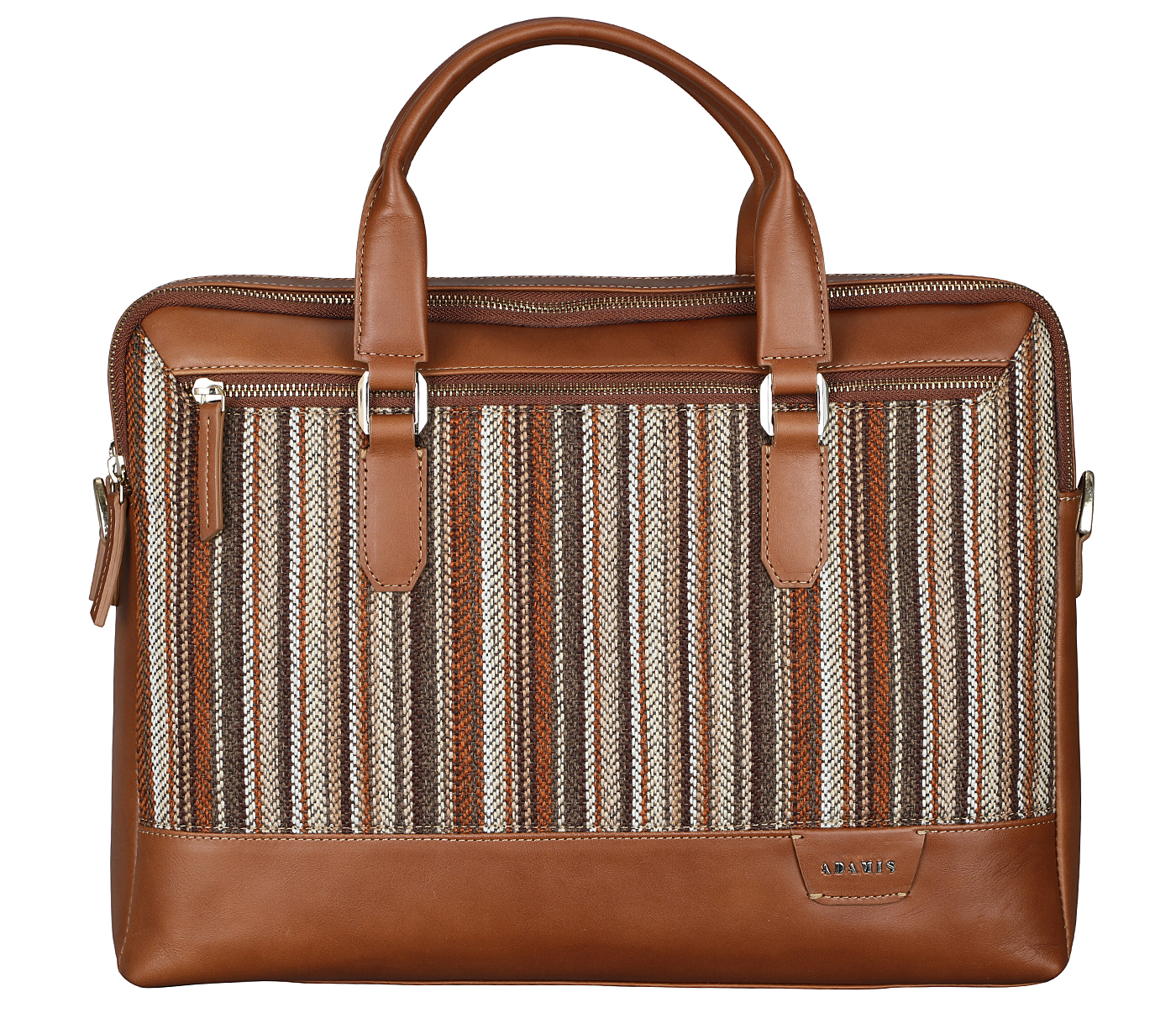 F79-Alvaro-Laptop cum portfolio bag in Multi colored Stripes print fabric with Genuine Leather combination - Tan