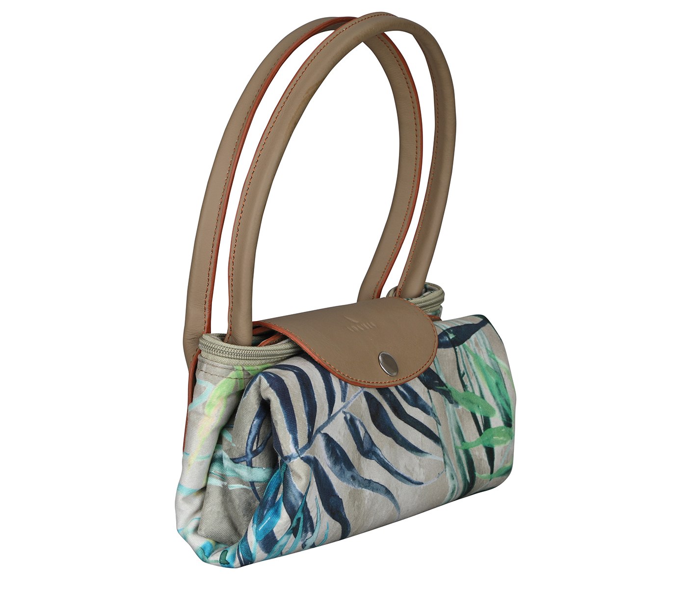 B881--Maite Folding tote in Abstract print material with genuine leather handles and flap - Green