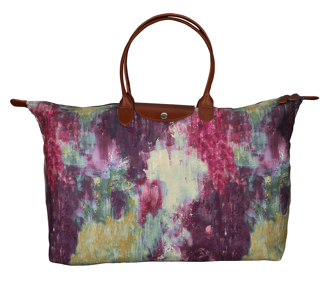 B881--Maite Folding tote in Abstract print material with genuine leather handles and flap - Wine