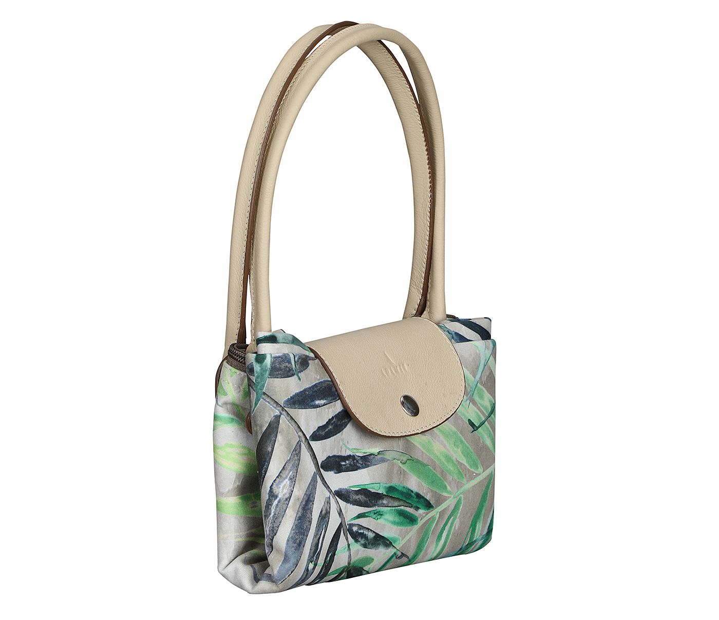 B882--Adelina Folding tote  in leaf print material with genuine leather handles and flap - Green
