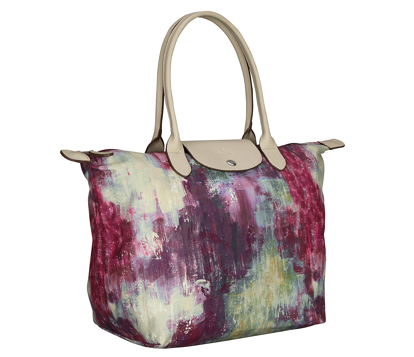 B882--Adelina Folding tote  in leaf print material with genuine leather handles and flap - Wine