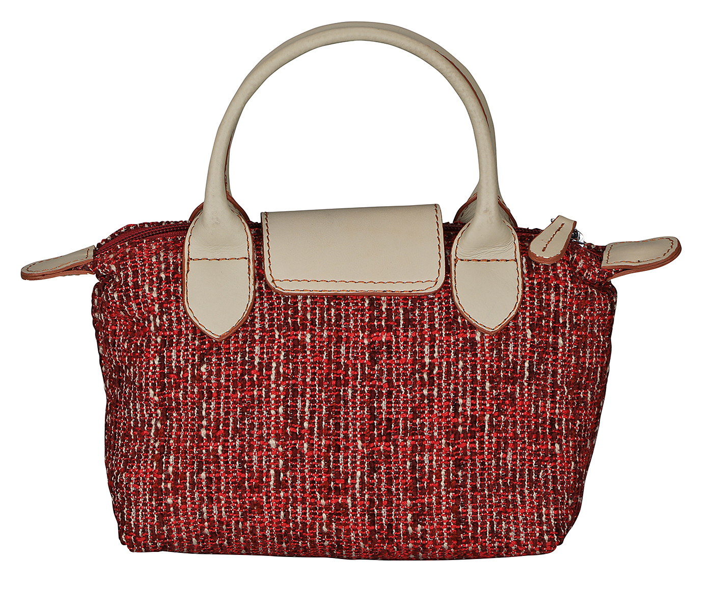 B883--Abene mini tote  in leaf print material with genuine leather handles and flap - Red