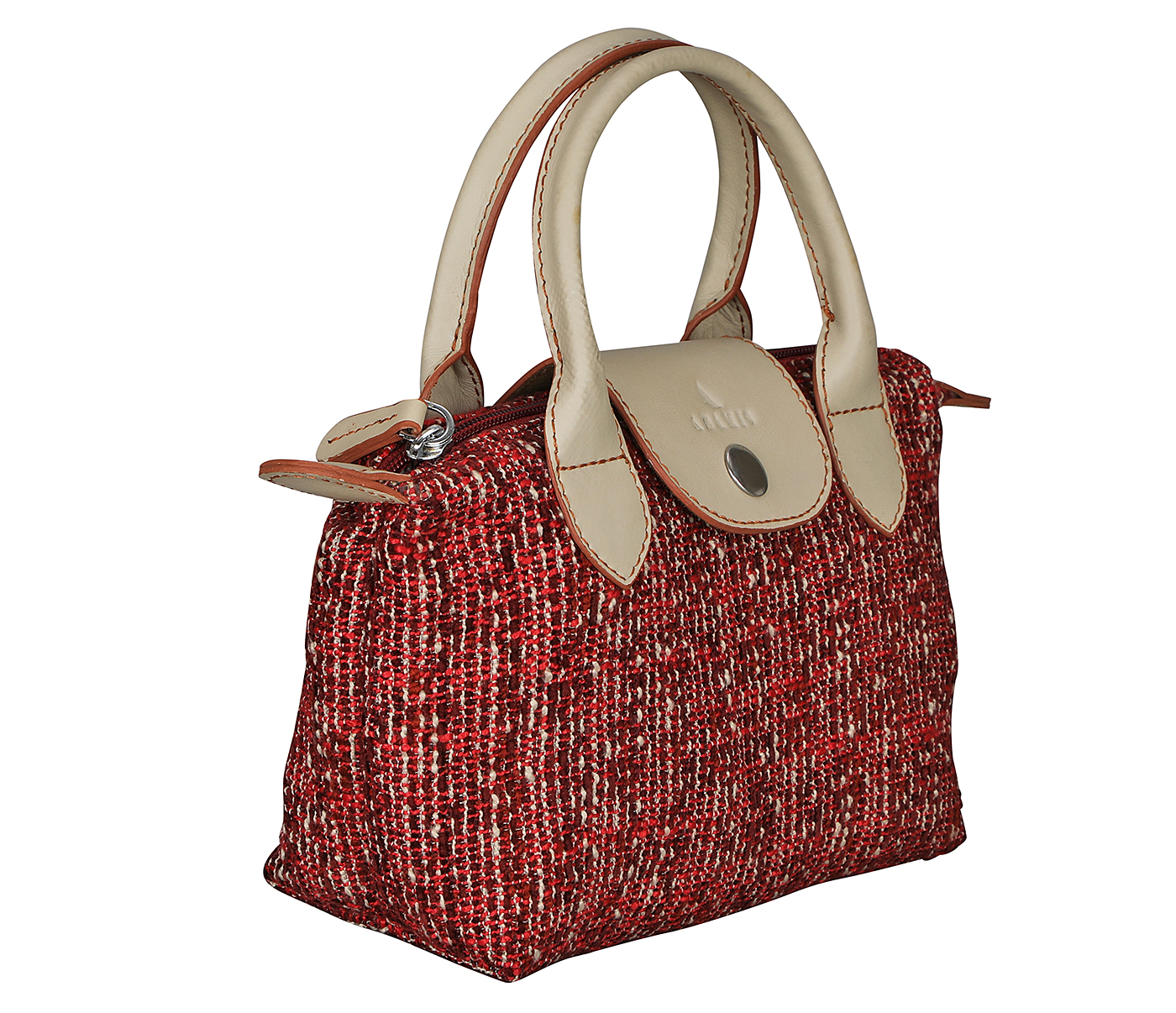 B883--Abene mini tote  in leaf print material with genuine leather handles and flap - Red
