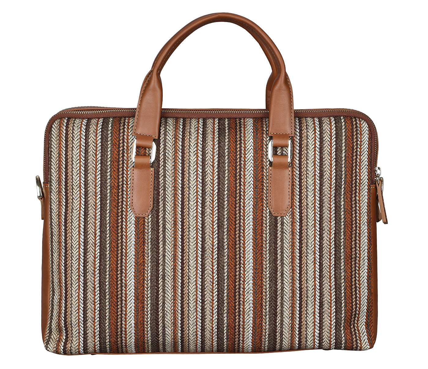 F79-Alvaro-Laptop cum portfolio bag in Multi colored Stripes print fabric with Genuine Leather combination - Tan
