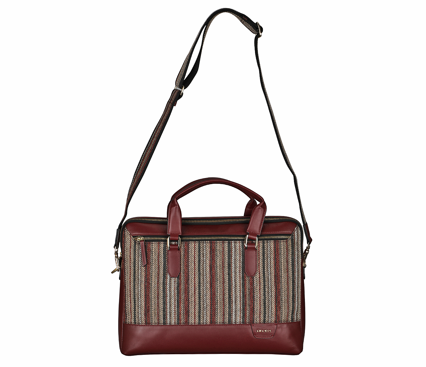 Portfolio / Laptop Bag-Alvaro-Laptop cum portfolio bag in Multi colored Stripes print fabric with Genuine Leather combination - Wine