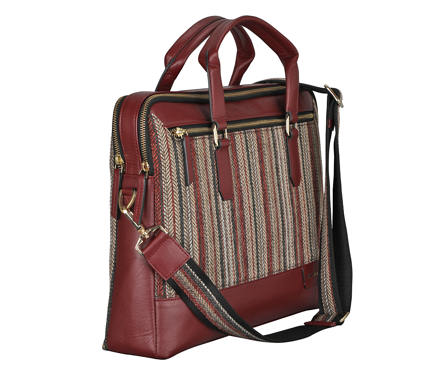 Portfolio / Laptop Bag-Alvaro-Laptop cum portfolio bag in Multi colored Stripes print fabric with Genuine Leather combination - Wine