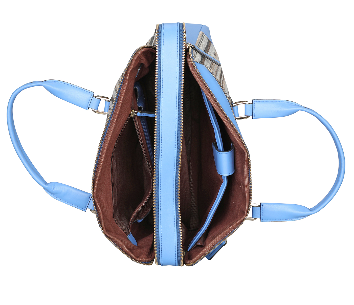 F79-Alvaro-Laptop cum portfolio bag in Multi colored Stripes print fabric with Genuine Leather combination - LT BLUE